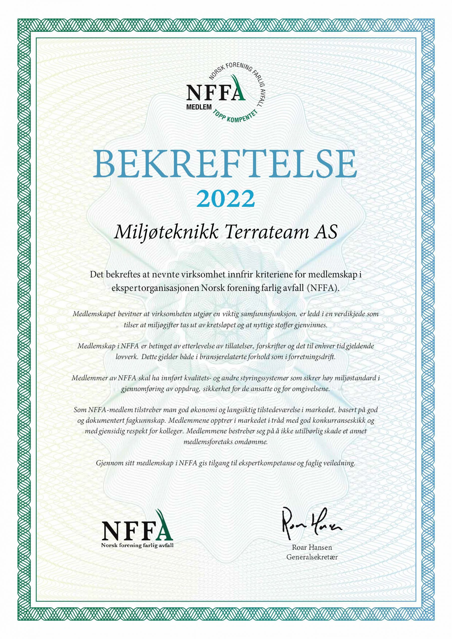 Medlemsbevis NFFA 2022